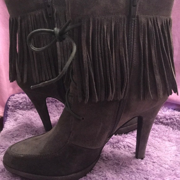 Jeffrey Campbell Ibiza Gray Suede Fringe Boot Stiletto Zip side New - Picture 6 of 8